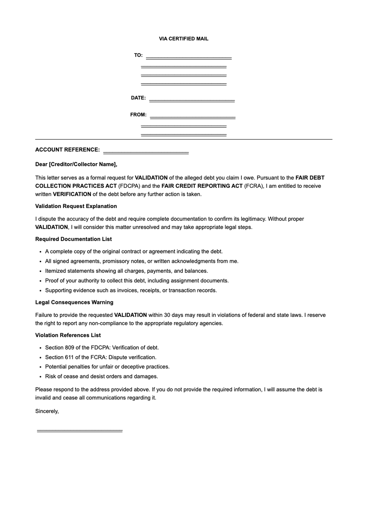 Fair Debt Collection Practices Act validation request letter template_variant_2